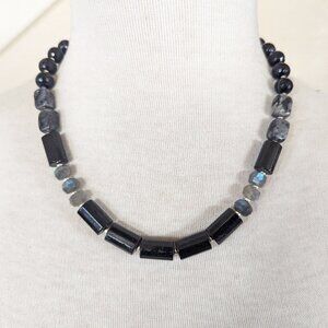 Steel Grey & Black Labradorite &  Black Tourmaline Statement Strand Necklace